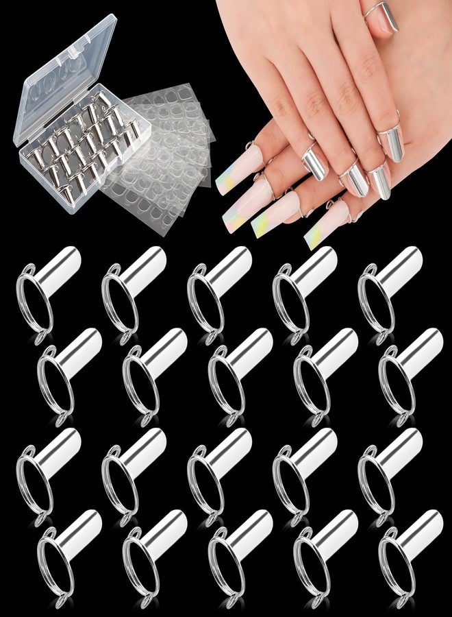 EBANKU 20PCS Wudu Nail Rings, Silver, Adjustable, Reusable, Detachable, Women Gift Set with 120PCS Adhesive Nail Tabs for Acrylic Nail Art Decoration - Image 1